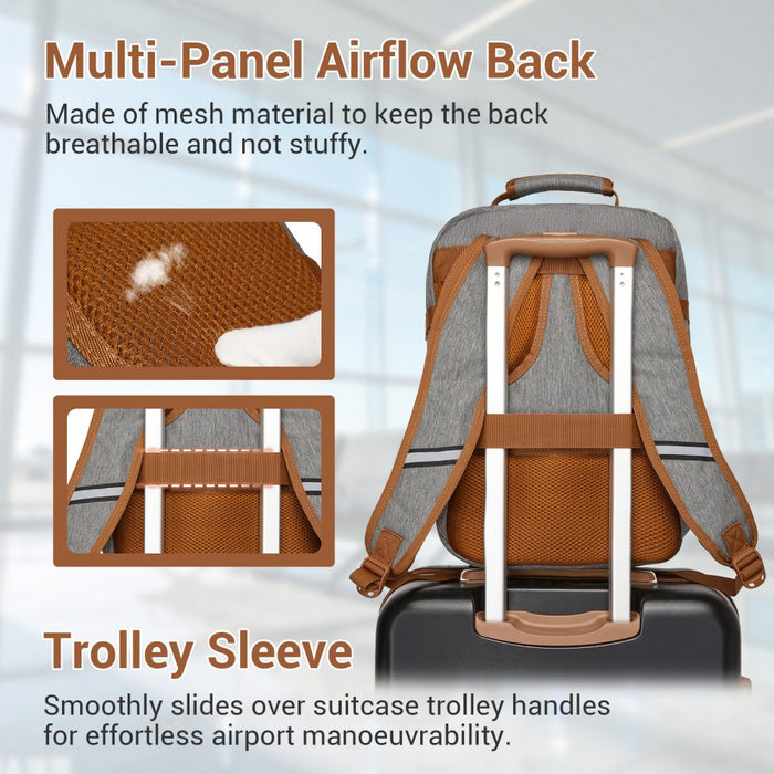 Flexible Cabin Backpack Fits 15.6-Inch Laptop, Clamshell Access – Grey and Brown