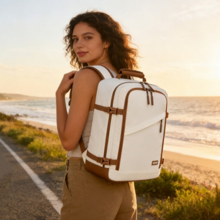 Colour-Block Organised Cabin Backpack – Clamshell, 15.6″ Laptop, Travel and Commute Ready – Beige and Brown