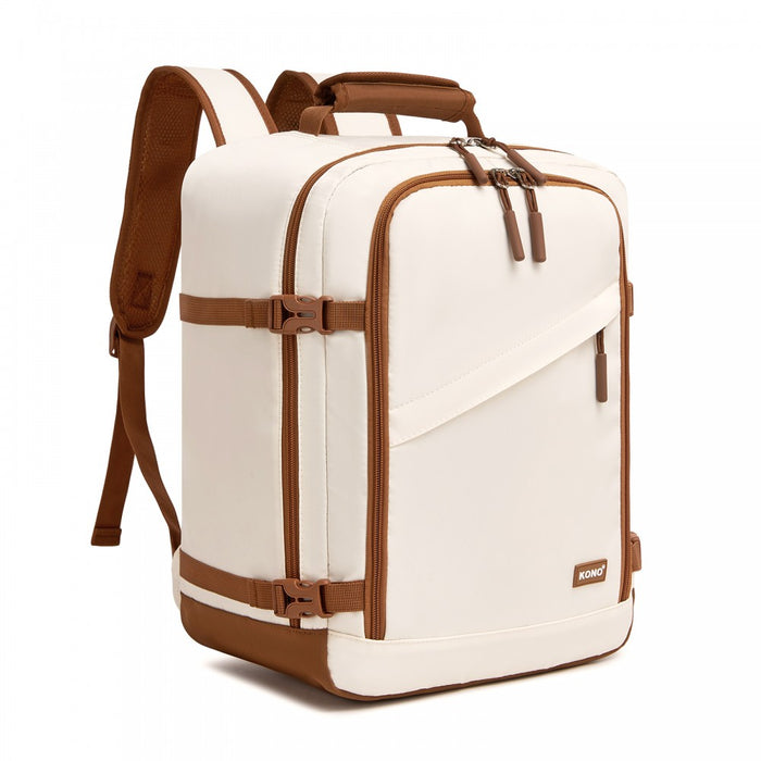 Colour-Block Organised Cabin Backpack – Clamshell, 15.6″ Laptop, Travel and Commute Ready – Beige and Brown