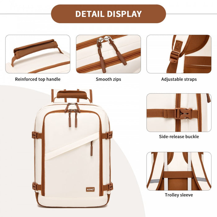 Colour-Block Organised Cabin Backpack – Clamshell, 15.6″ Laptop, Travel and Commute Ready – Beige and Brown