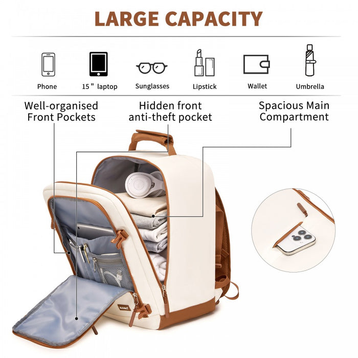Colour-Block Organised Cabin Backpack – Clamshell, 15.6″ Laptop, Travel and Commute Ready – Beige and Brown