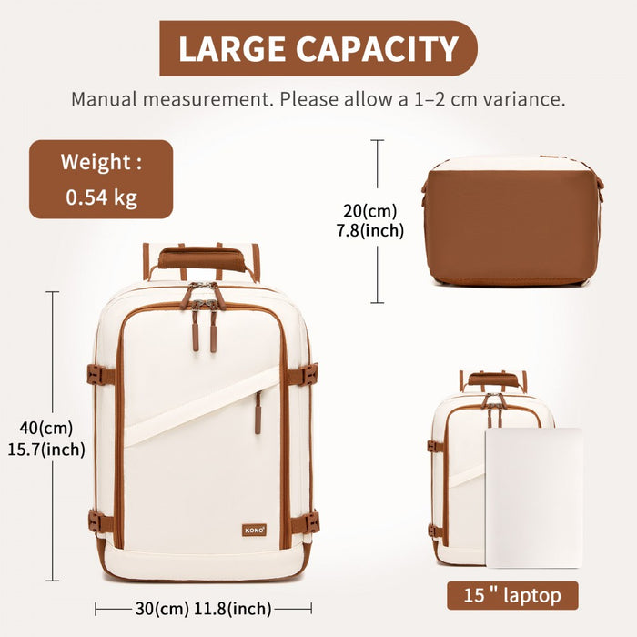 Colour-Block Organised Cabin Backpack – Clamshell, 15.6″ Laptop, Travel and Commute Ready – Beige and Brown