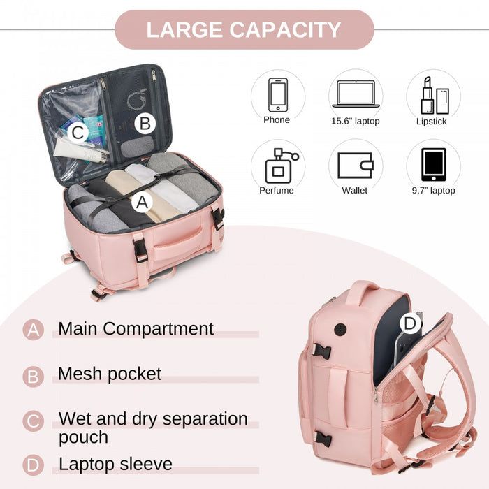 Cabin Travel Backpack – Water-Resistant, Multi-Compartment, Padded Laptop, Anti-Theft, Carry-On Tote – Pink