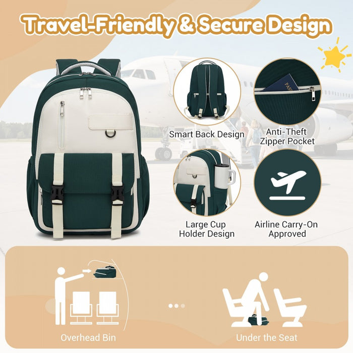 Water-Resistant Kids Backpack with Padded Laptop Sleeve and Multi-Pocket Organisation – Green and Beige