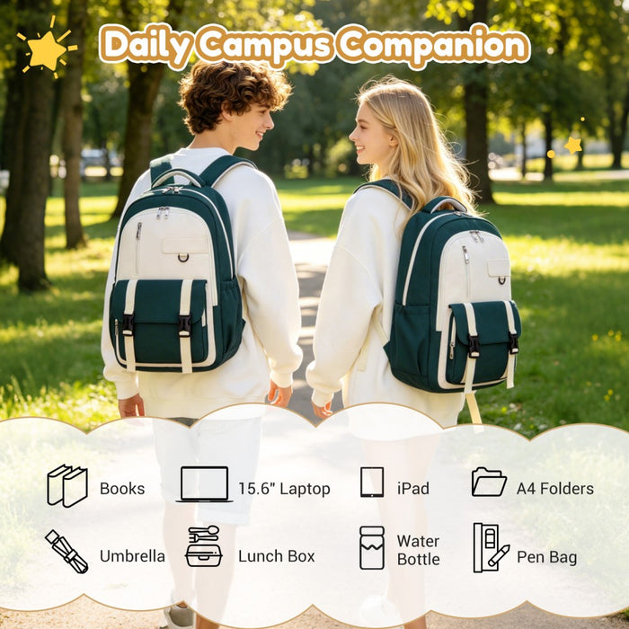 Water-Resistant Kids Backpack with Padded Laptop Sleeve and Multi-Pocket Organisation – Green and Beige