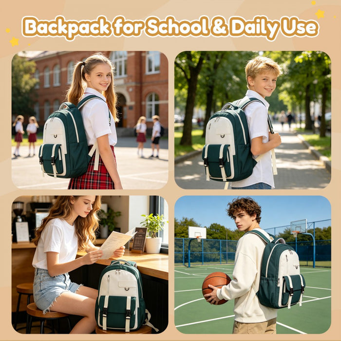 Water-Resistant Kids Backpack with Padded Laptop Sleeve and Multi-Pocket Organisation – Green and Beige