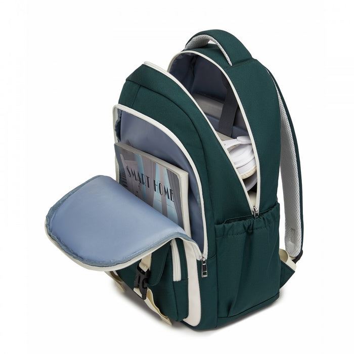 Water-Resistant Kids Backpack with Padded Laptop Sleeve and Multi-Pocket Organisation – Green and Beige