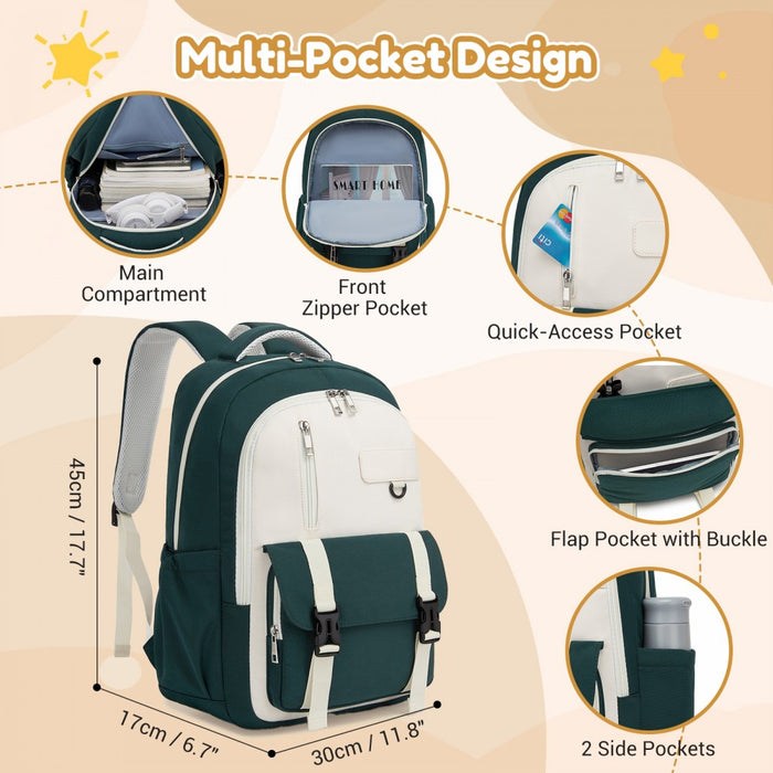 Water-Resistant Kids Backpack with Padded Laptop Sleeve and Multi-Pocket Organisation – Green and Beige