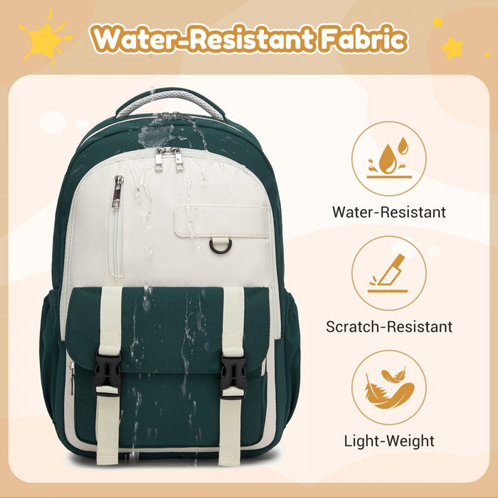 Water-Resistant Kids Backpack with Padded Laptop Sleeve and Multi-Pocket Organisation – Green and Beige