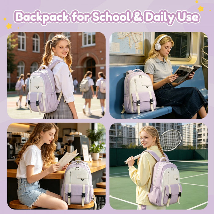 Water-Resistant Kids Backpack with Padded Laptop Sleeve and Multi-Pocket Organisation – Purple and Beige