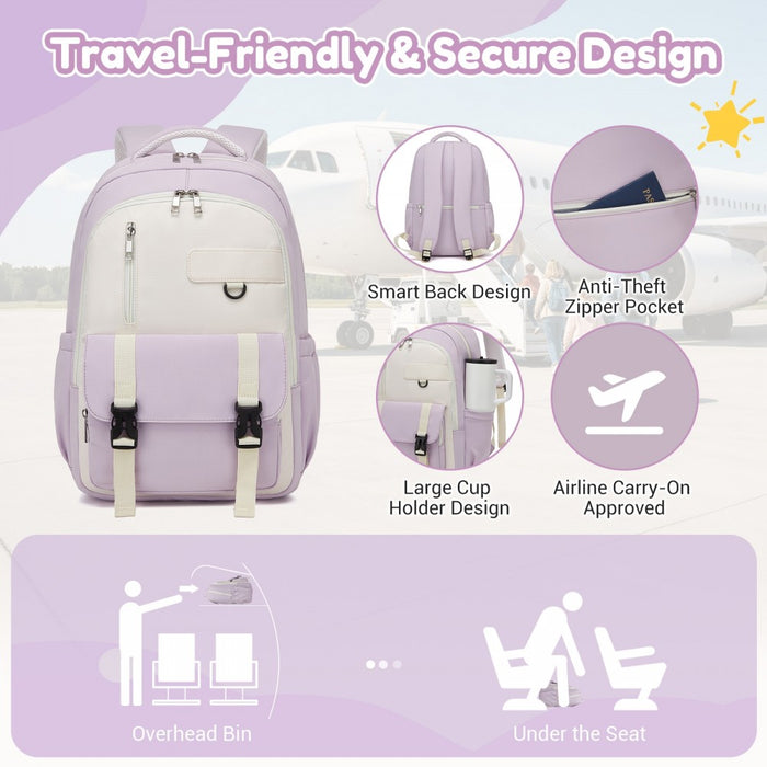 Water-Resistant Kids Backpack with Padded Laptop Sleeve and Multi-Pocket Organisation – Purple and Beige