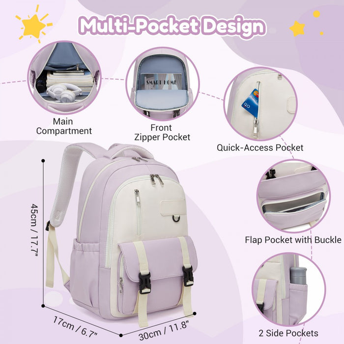 Water-Resistant Kids Backpack with Padded Laptop Sleeve and Multi-Pocket Organisation – Purple and Beige