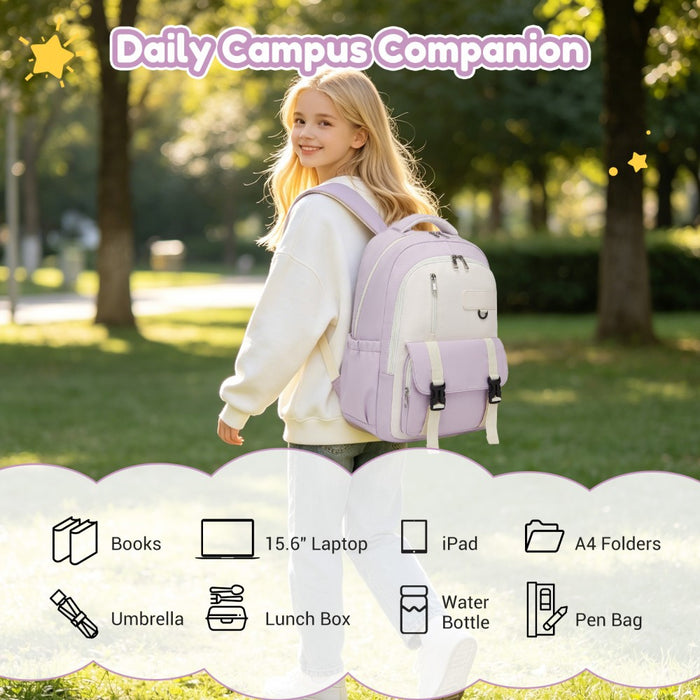 Water-Resistant Kids Backpack with Padded Laptop Sleeve and Multi-Pocket Organisation – Purple and Beige