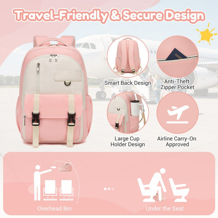 Water-Resistant Kids Backpack with Padded Laptop Sleeve and Multi-Pocket Organisation – Pink and Beige