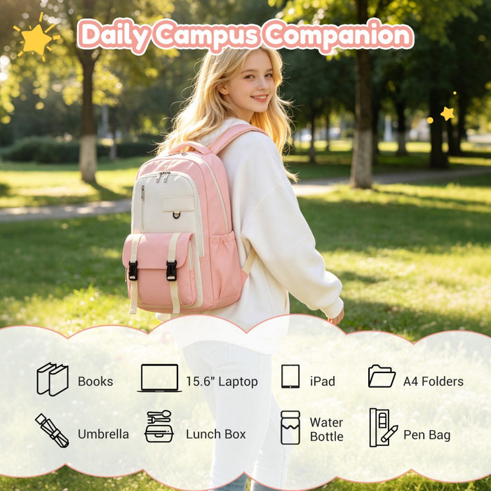 Water-Resistant Kids Backpack with Padded Laptop Sleeve and Multi-Pocket Organisation – Pink and Beige
