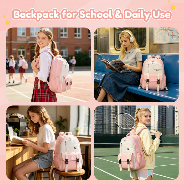Water-Resistant Kids Backpack with Padded Laptop Sleeve and Multi-Pocket Organisation – Pink and Beige
