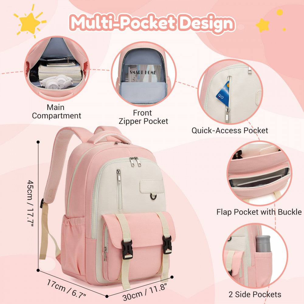 Water-Resistant Kids Backpack with Padded Laptop Sleeve and Multi-Pocket Organisation – Pink and Beige