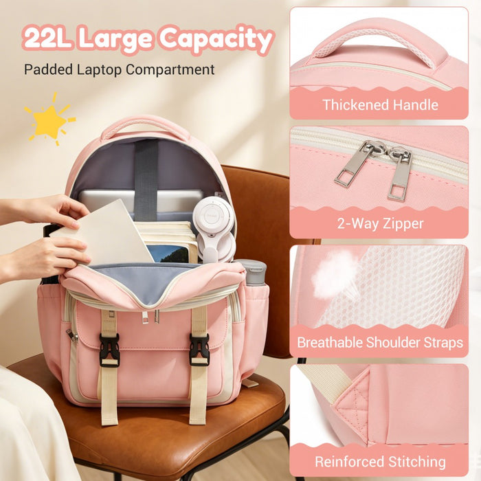 Water-Resistant Kids Backpack with Padded Laptop Sleeve and Multi-Pocket Organisation – Pink and Beige