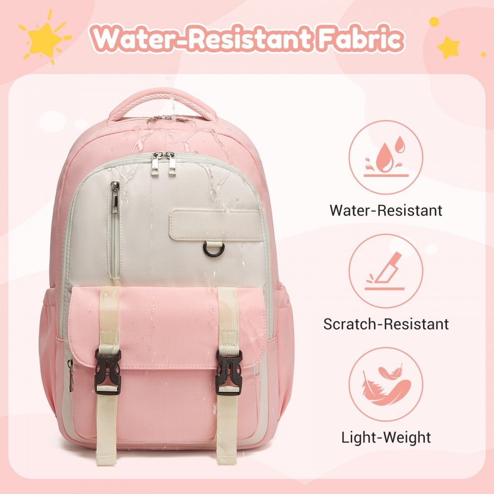 Water-Resistant Kids Backpack with Padded Laptop Sleeve and Multi-Pocket Organisation – Pink and Beige