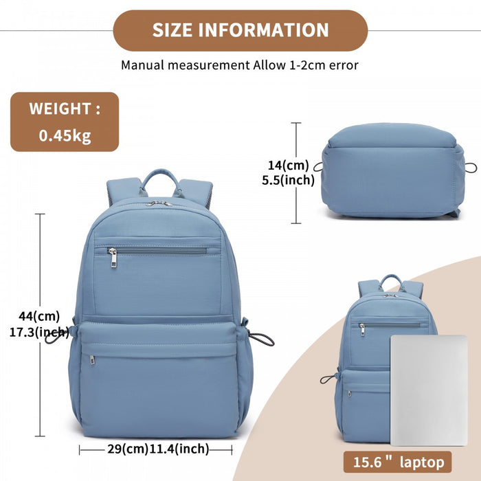 Solid-Colour Casual Backpack with Multi-Pocket Storage – Blue