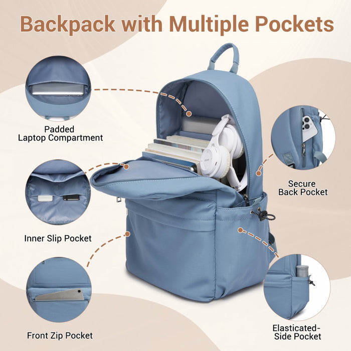 Solid-Colour Casual Backpack with Multi-Pocket Storage – Blue