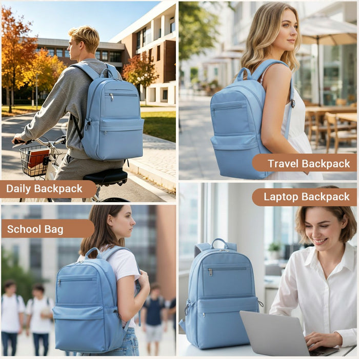 Solid-Colour Casual Backpack with Multi-Pocket Storage – Blue