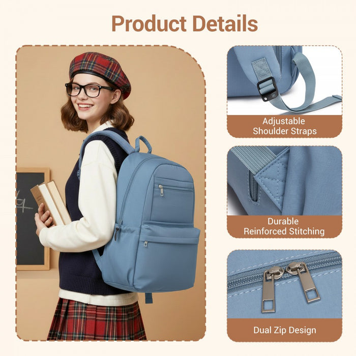 Solid-Colour Casual Backpack with Multi-Pocket Storage – Blue