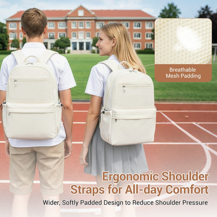 Solid-Colour Casual Backpack with Multi-Pocket Storage – Beige