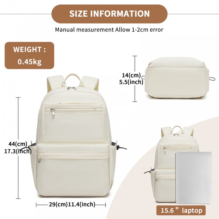 Solid-Colour Casual Backpack with Multi-Pocket Storage – Beige