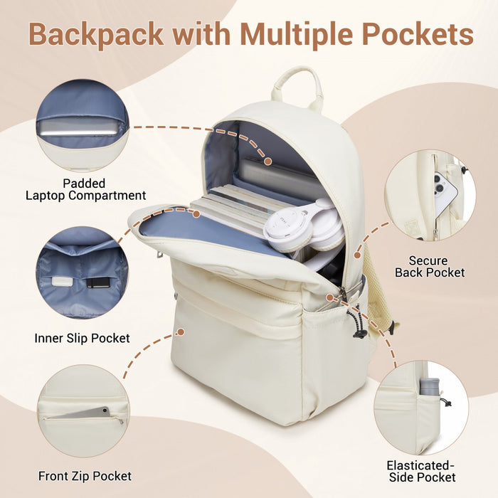 Solid-Colour Casual Backpack with Multi-Pocket Storage – Beige