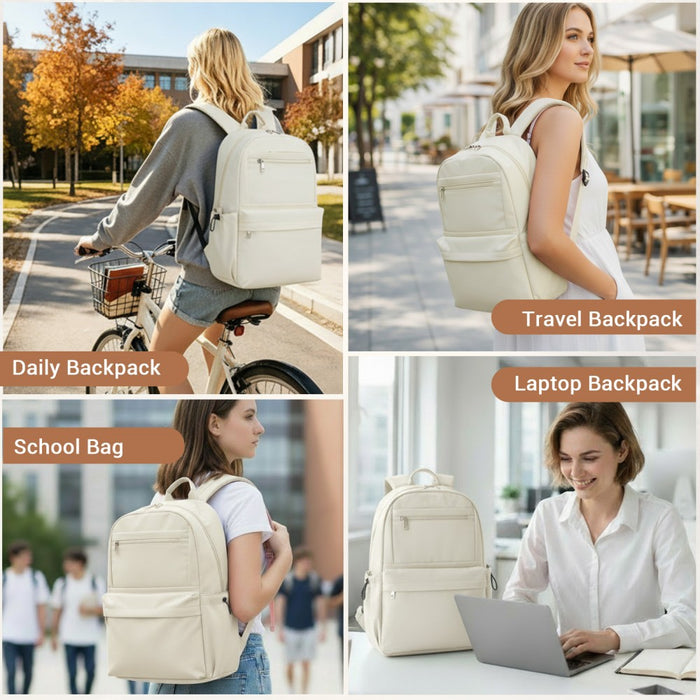 Solid-Colour Casual Backpack with Multi-Pocket Storage – Beige