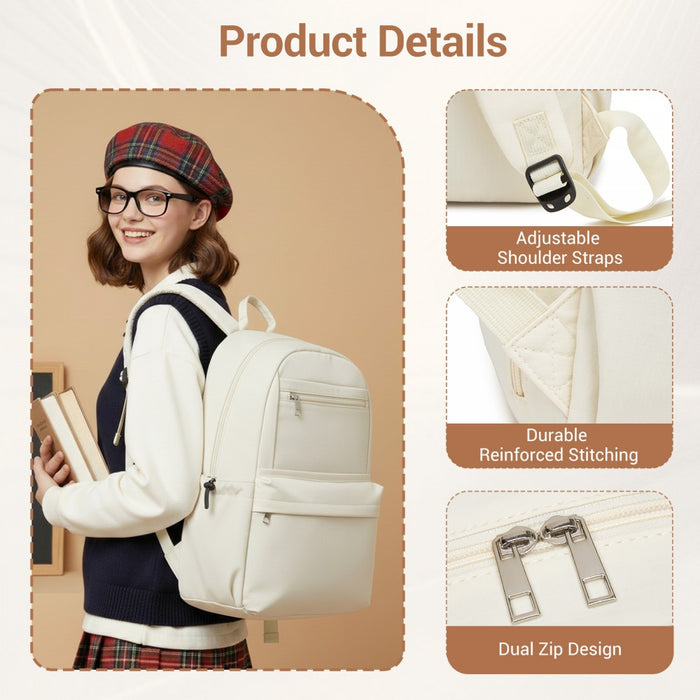 Solid-Colour Casual Backpack with Multi-Pocket Storage – Beige