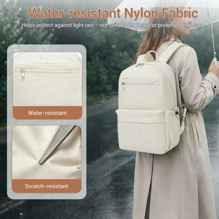 Solid-Colour Casual Backpack with Multi-Pocket Storage – Beige