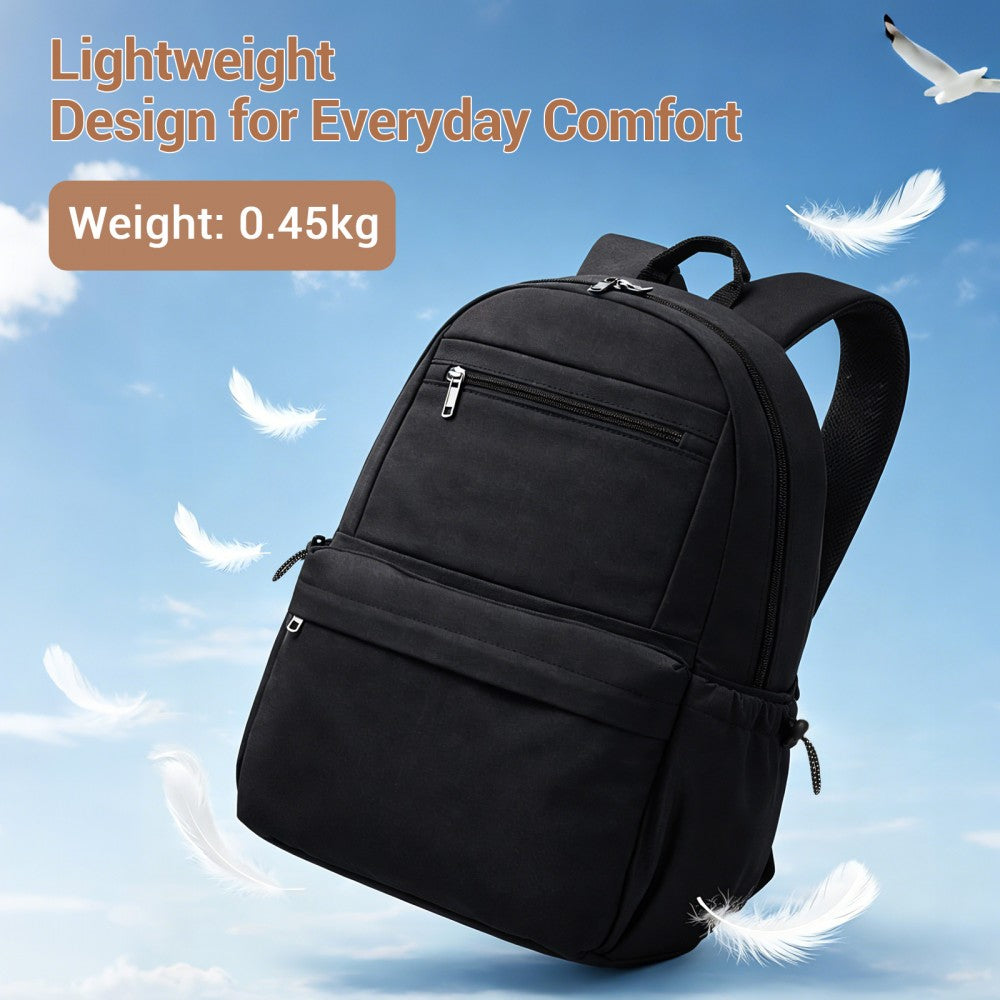 Solid-Colour Casual Backpack with Multi-Pocket Storage – Black