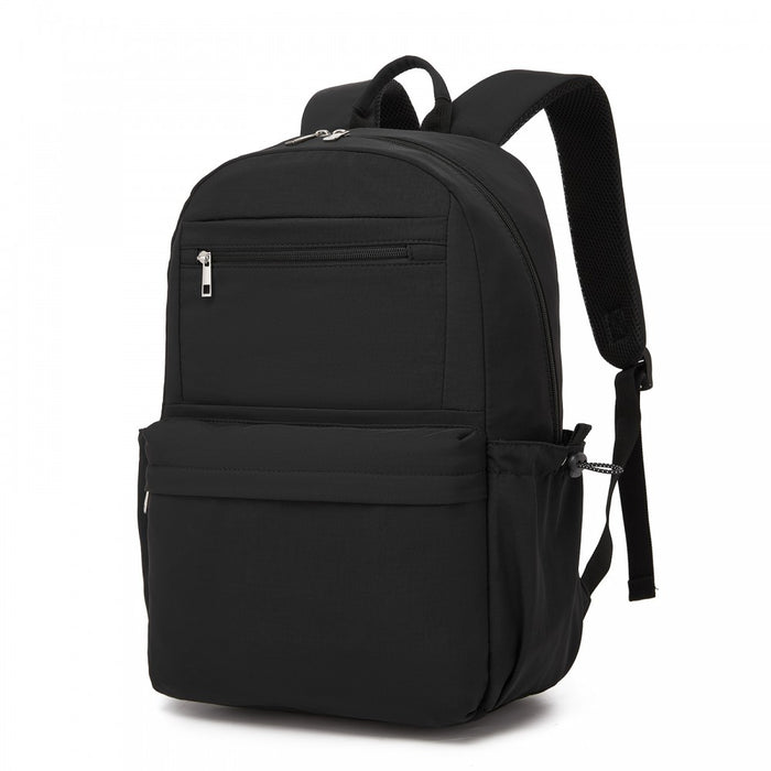 Solid-Colour Casual Backpack with Multi-Pocket Storage – Black