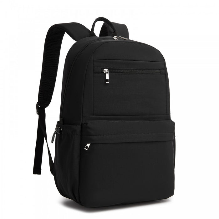 Solid-Colour Casual Backpack with Multi-Pocket Storage – Black