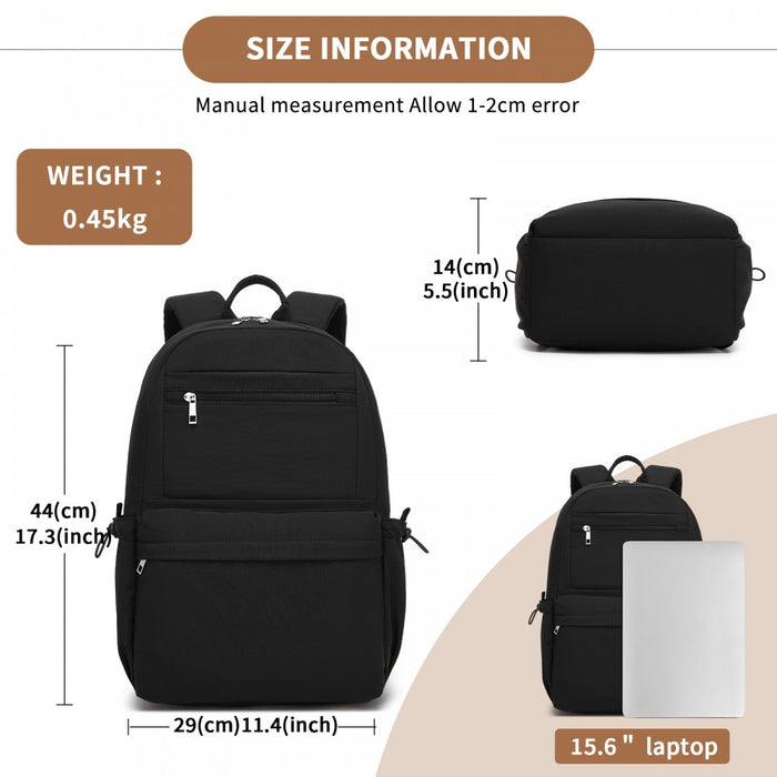 Solid-Colour Casual Backpack with Multi-Pocket Storage – Black