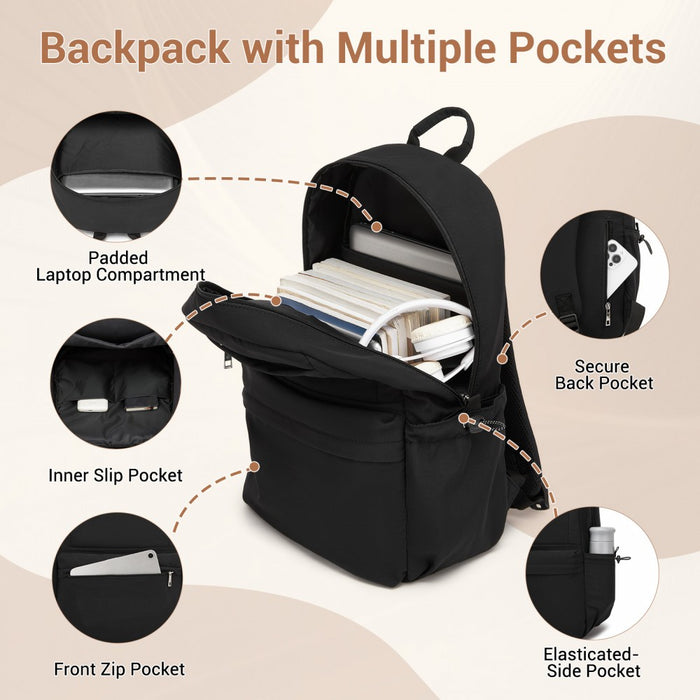 Solid-Colour Casual Backpack with Multi-Pocket Storage – Black