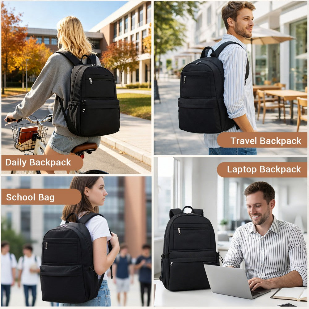 Solid-Colour Casual Backpack with Multi-Pocket Storage – Black