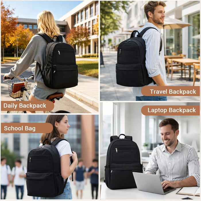 Solid-Colour Casual Backpack with Multi-Pocket Storage – Black