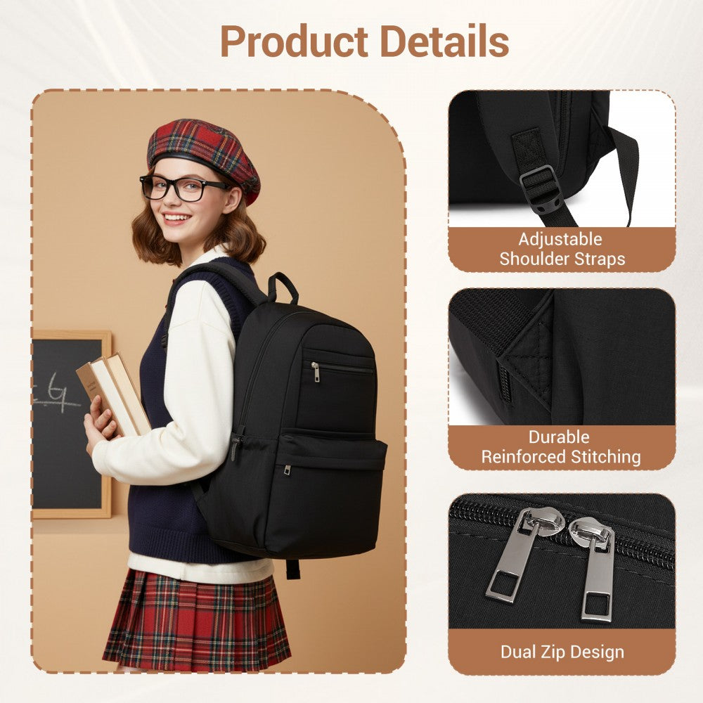 Solid-Colour Casual Backpack with Multi-Pocket Storage – Black