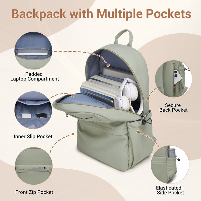 Solid-Colour Casual Backpack with Multi-Pocket Storage – Green