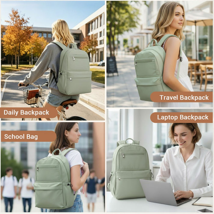 Solid-Colour Casual Backpack with Multi-Pocket Storage – Green