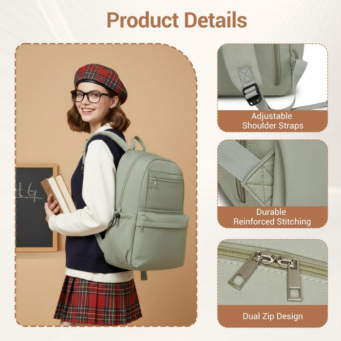 Solid-Colour Casual Backpack with Multi-Pocket Storage – Green