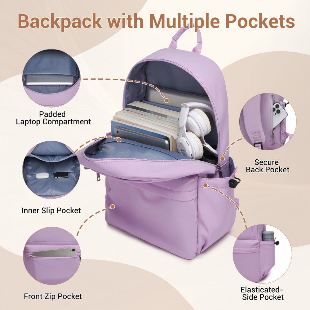 Solid-Colour Casual Backpack with Multi-Pocket Storage – Purple