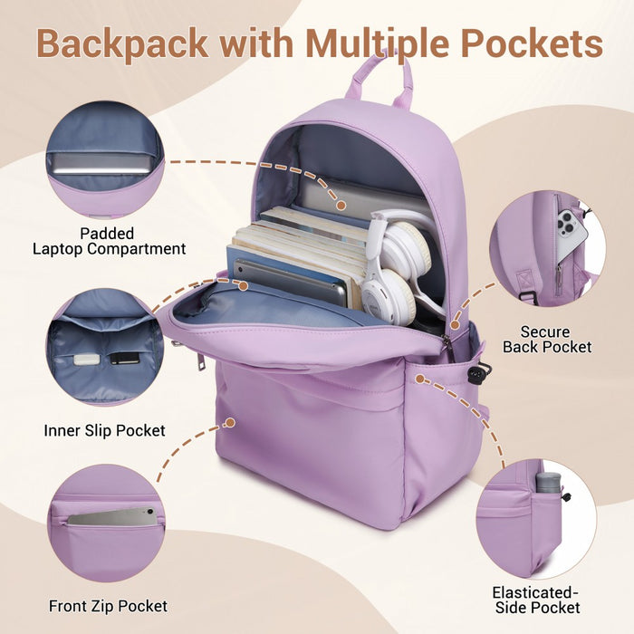Solid-Colour Casual Backpack with Multi-Pocket Storage – Purple
