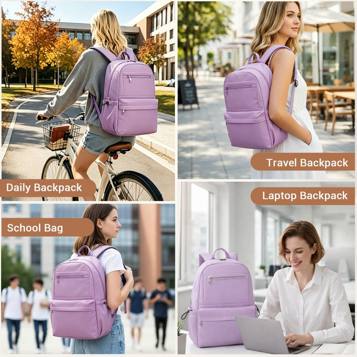Solid-Colour Casual Backpack with Multi-Pocket Storage – Purple