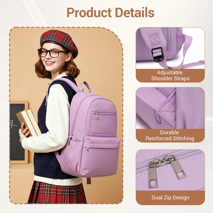 Solid-Colour Casual Backpack with Multi-Pocket Storage – Purple