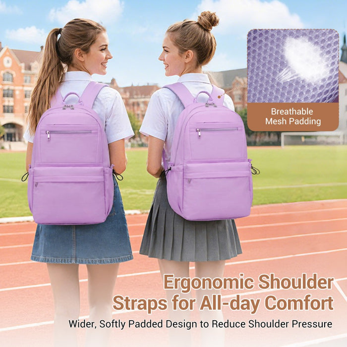 Solid-Colour Casual Backpack with Multi-Pocket Storage – Purple
