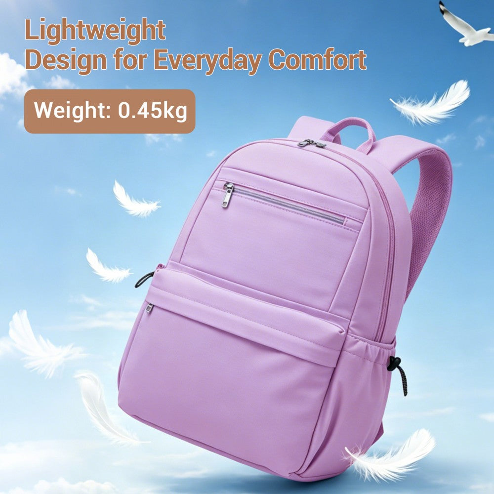 Solid-Colour Casual Backpack with Multi-Pocket Storage – Purple